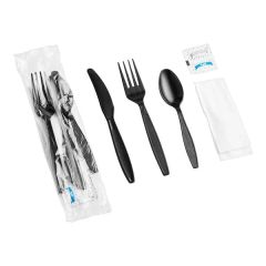Black Heavy Weight Wrapped Polystyrene Plastic Cutlery Pack with Napkin - 500/Case