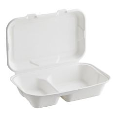 Shop 9 x 6 x 3 inch compostable white plant fiber takeout containers with 2 compartments, durable disposable food boxes in a 50 pack for takeout meals.
