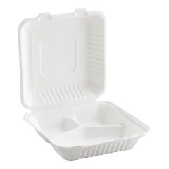 Buy 9 x 6 inch compostable white plant fiber takeout containers with 2 compartments, eco friendly disposable boxes in a 50 pack for takeaway and meal prep.
