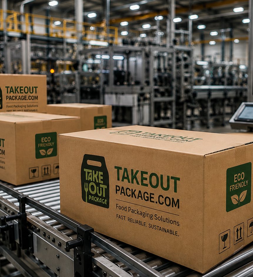 Branded shipping boxes on a fulfillment line in the Hot Pack Box warehouse